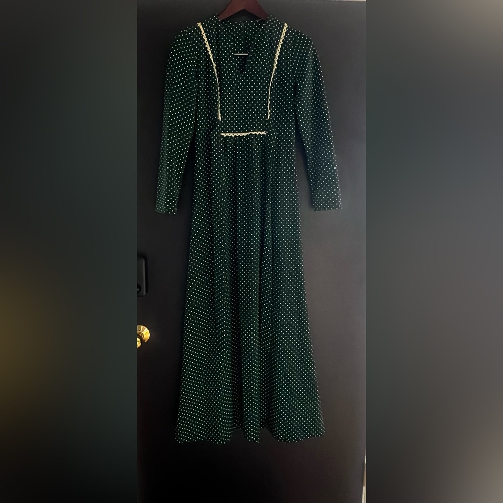 Vintage 70s Bib Front Tie Back Prairie Long Sleeve Maxi Dress - Picture 6 of 14